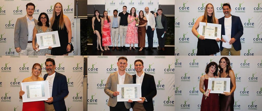 Group of award winners and presenters at Core Physio Awards Night 2026.