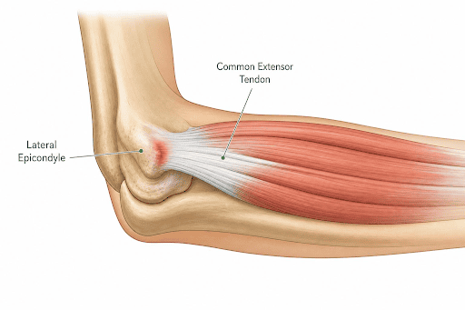 Lateral epicondyle and common extensor tendon illustration of elbow.