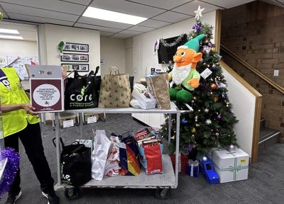 Christmas gift collection at Core Physio & Pilates studio for community charity drive.